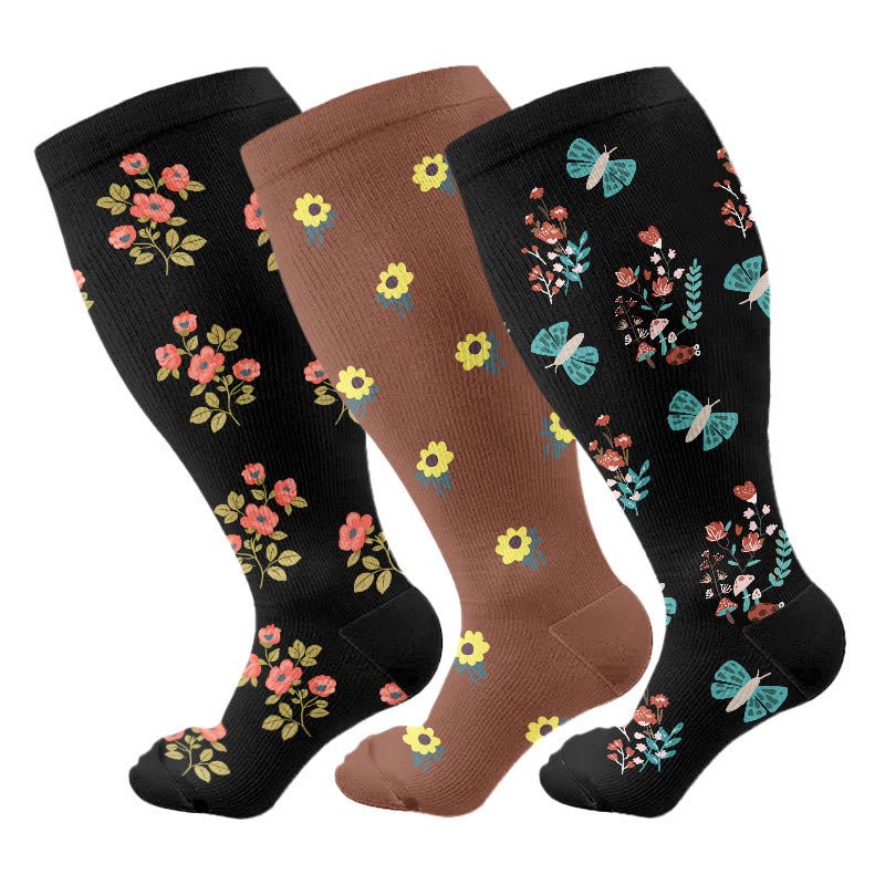 Plusock Plus Size Butterfly Daisy Compression Socks(3 Pairs) - image 1