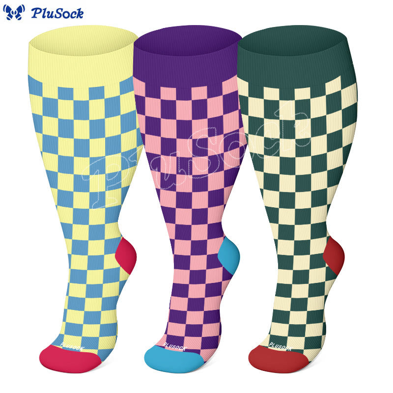 Plusock Plus Size Retro Checkerboard Compression Socks(3 Pairs) - image 0