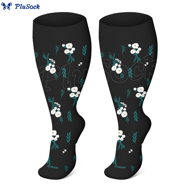 Plusock Plus Size Black White Botanical Compression Socks(3 Pairs) - image 2