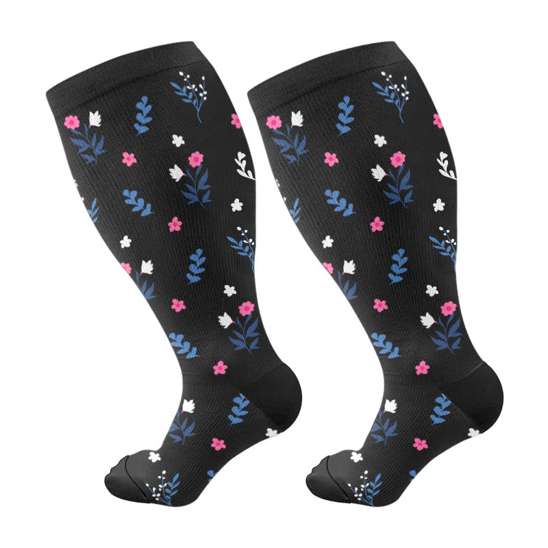 Plusock Plus Size Black White Botanical Compression Socks(3 Pairs) - Black(1 Pair) - 4XL - image 5