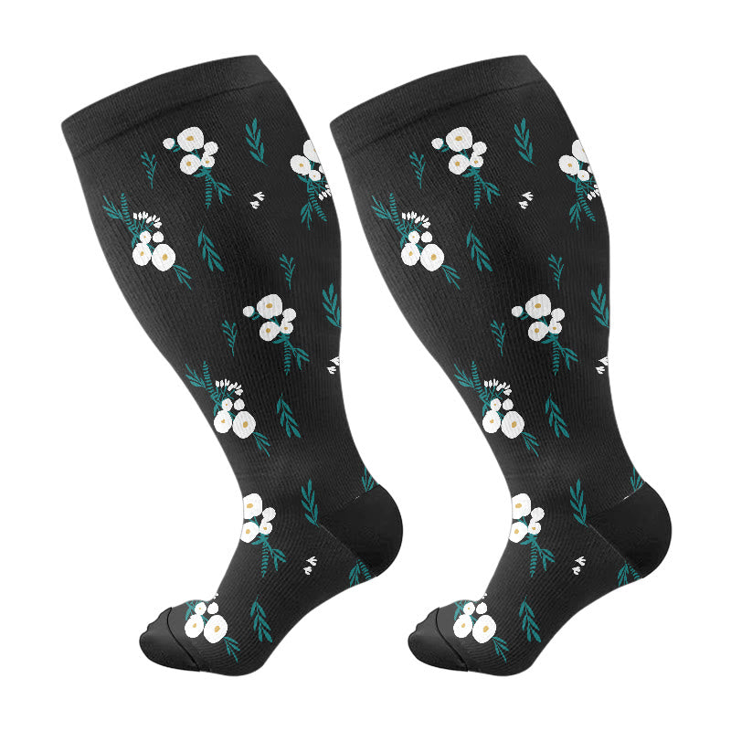 Plusock Plus Size Black White Botanical Compression Socks(3 Pairs) - Black-B(1 Pair) - 4XL - image 6