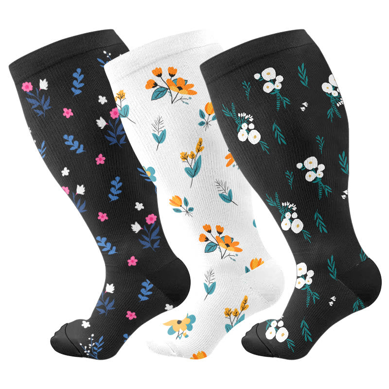 Plusock Plus Size Black White Botanical Compression Socks(3 Pairs) - Multicolor - 4XL - image 1
