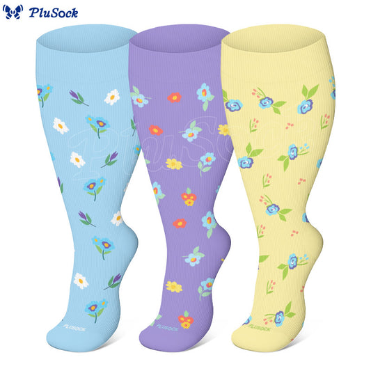 Plusock Plus Size Pastel Bloom Floral Compression Socks(3 Pairs) - image 0
