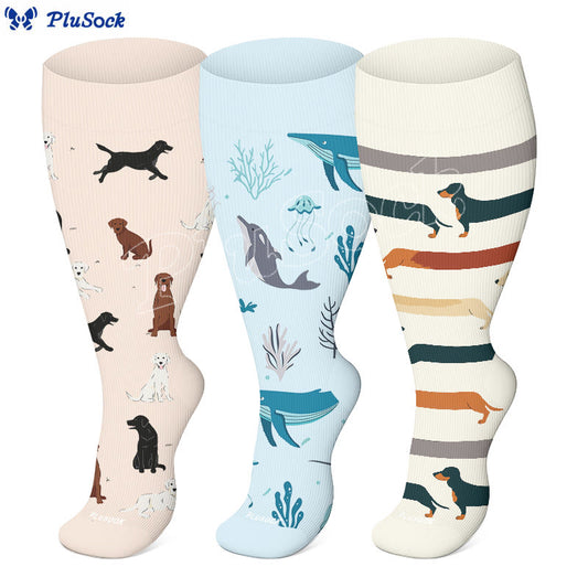 Plusock Plus Size Playful Dog Compression Socks(3 Pairs) - image 0