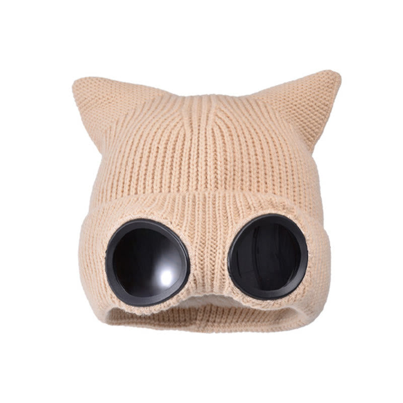 Plusock Knit Cat Ears Beanie With Goggles - Apricot - One Size - image 17
