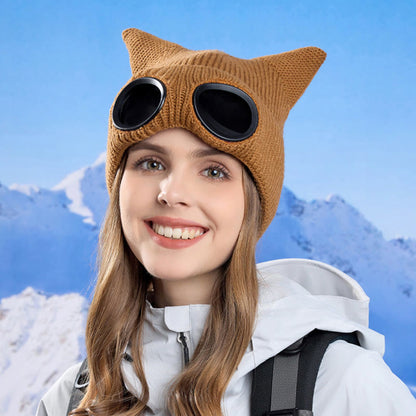 Plusock Knit Cat Ears Beanie With Goggles - image 9