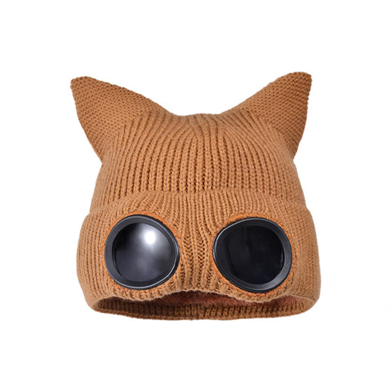 Plusock Knit Cat Ears Beanie With Goggles - Coffee - One Size - image 18