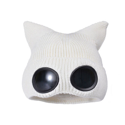 Plusock Knit Cat Ears Beanie With Goggles - White - One Size - image 19