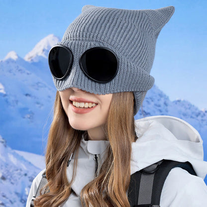 Plusock Knit Cat Ears Beanie With Goggles - image 4