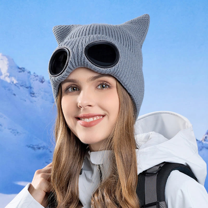 Plusock Knit Cat Ears Beanie With Goggles - image 3
