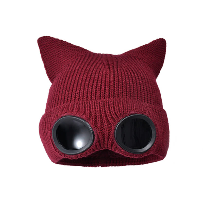 Plusock Knit Cat Ears Beanie With Goggles - Wine - One Size - image 13