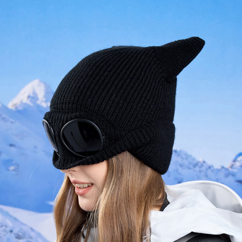 Plusock Knit Cat Ears Beanie With Goggles - image 2