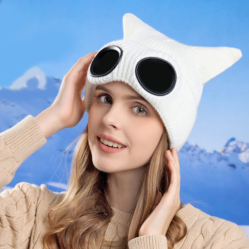 Plusock Knit Cat Ears Beanie With Goggles - image 5