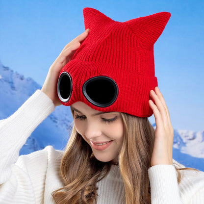 Plusock Knit Cat Ears Beanie With Goggles - image 8