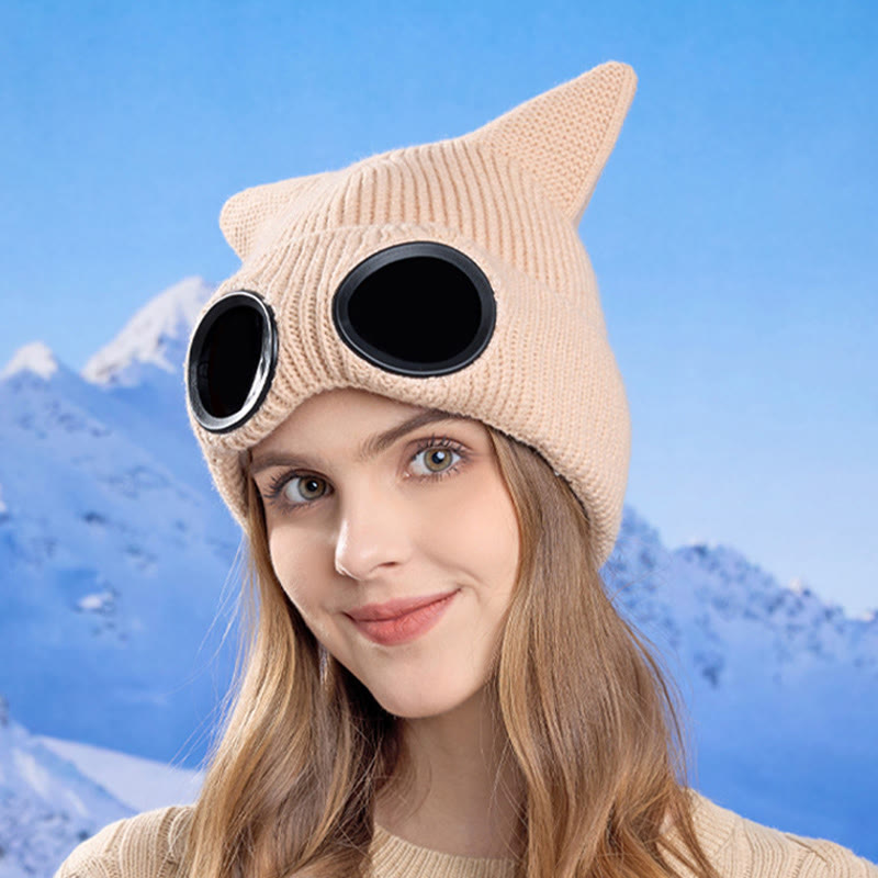 Plusock Knit Cat Ears Beanie With Goggles - image 10