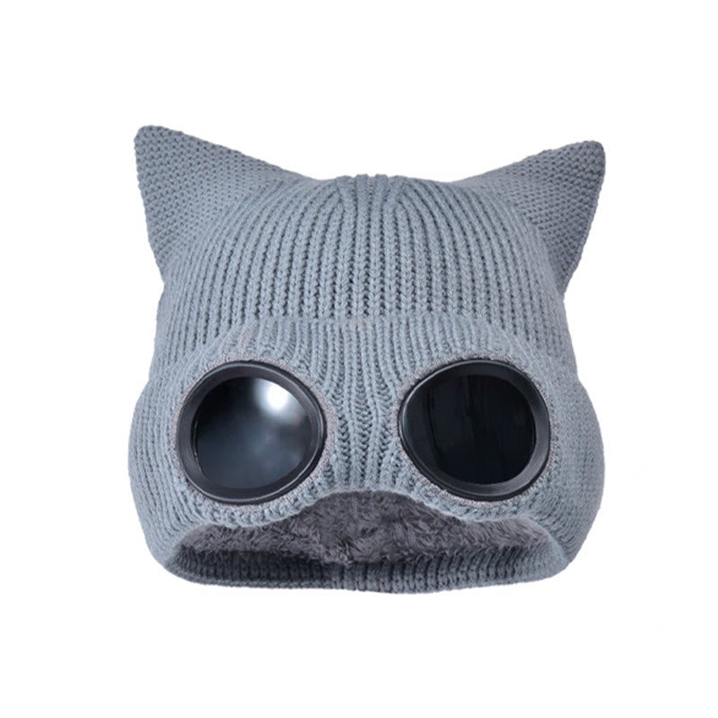 Plusock Knit Cat Ears Beanie With Goggles - Grey - One Size - image 16