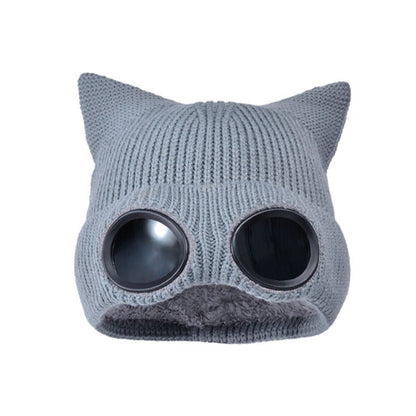 Plusock Knit Cat Ears Beanie With Goggles - Grey - One Size - image 16