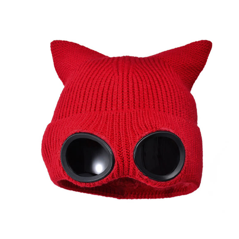 Plusock Knit Cat Ears Beanie With Goggles - Red - One Size - image 14