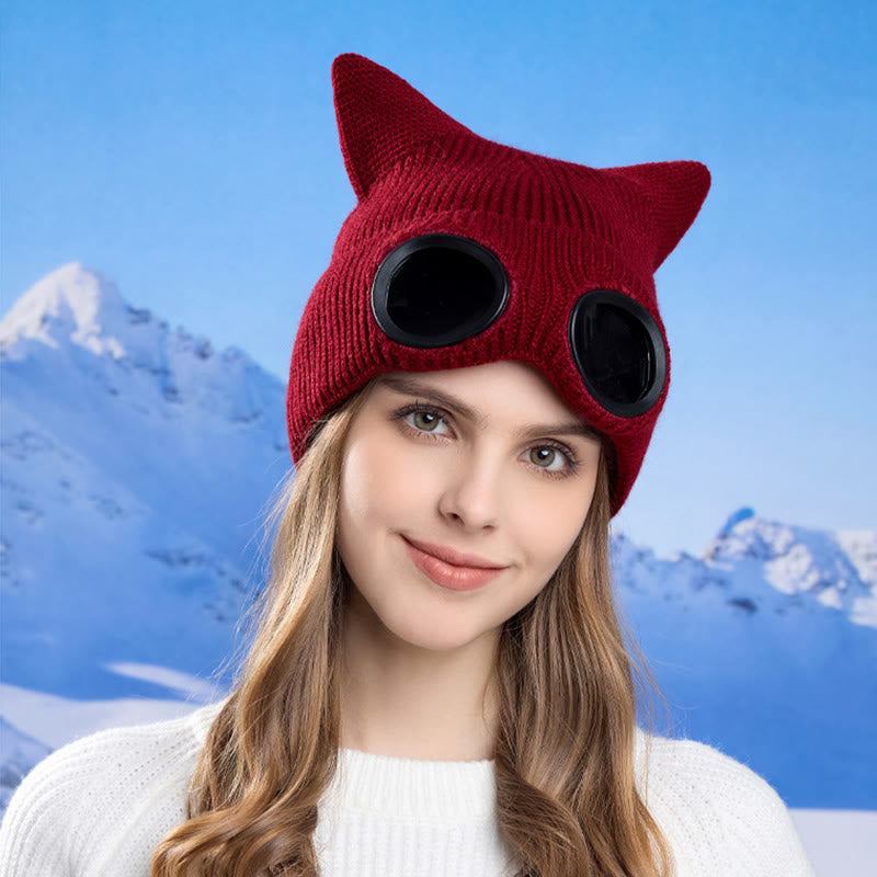 Plusock Knit Cat Ears Beanie With Goggles - image 11