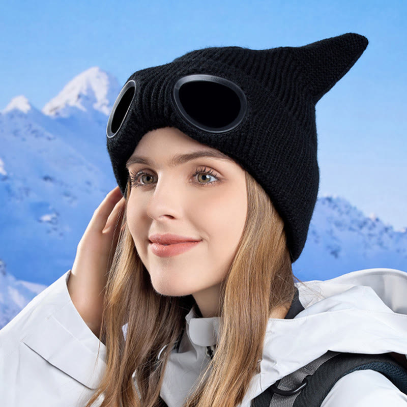 Plusock Knit Cat Ears Beanie With Goggles - image 1