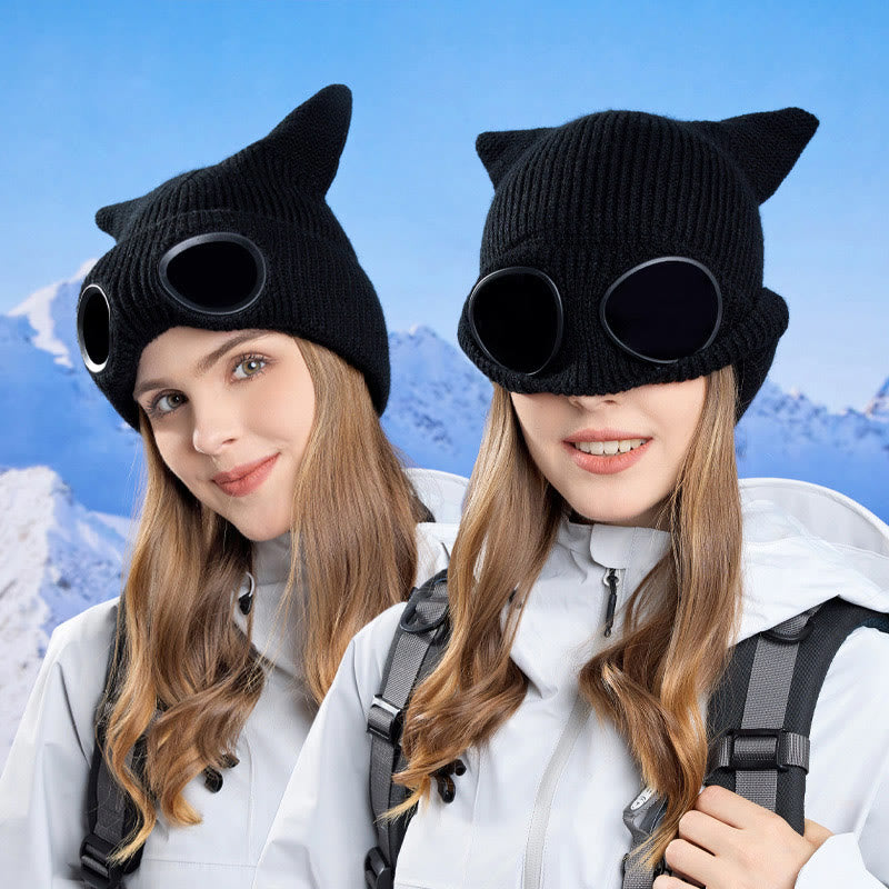 Plusock Knit Cat Ears Beanie With Goggles - image 0