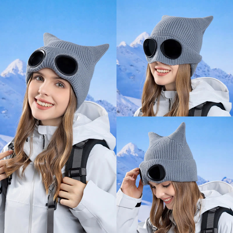 Plusock Knit Cat Ears Beanie With Goggles - image 12