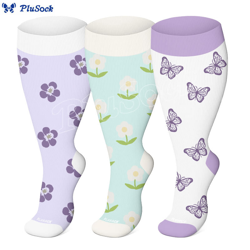 Plusock Plus Size Soft Bloom Floral Compression Socks(3 Pairs) - image 0