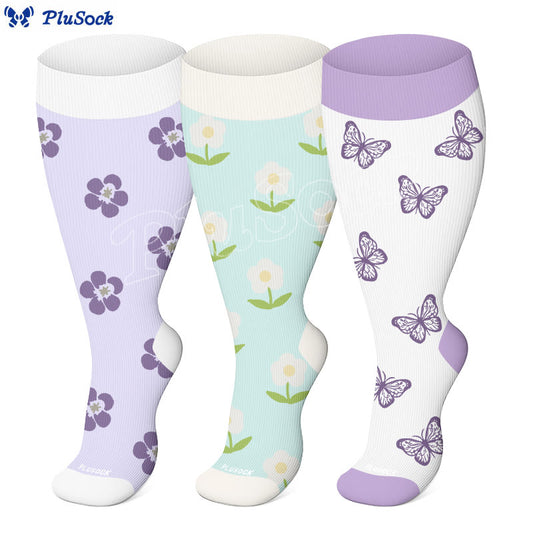 Plusock Plus Size Soft Bloom Floral Compression Socks(3 Pairs) - image 0