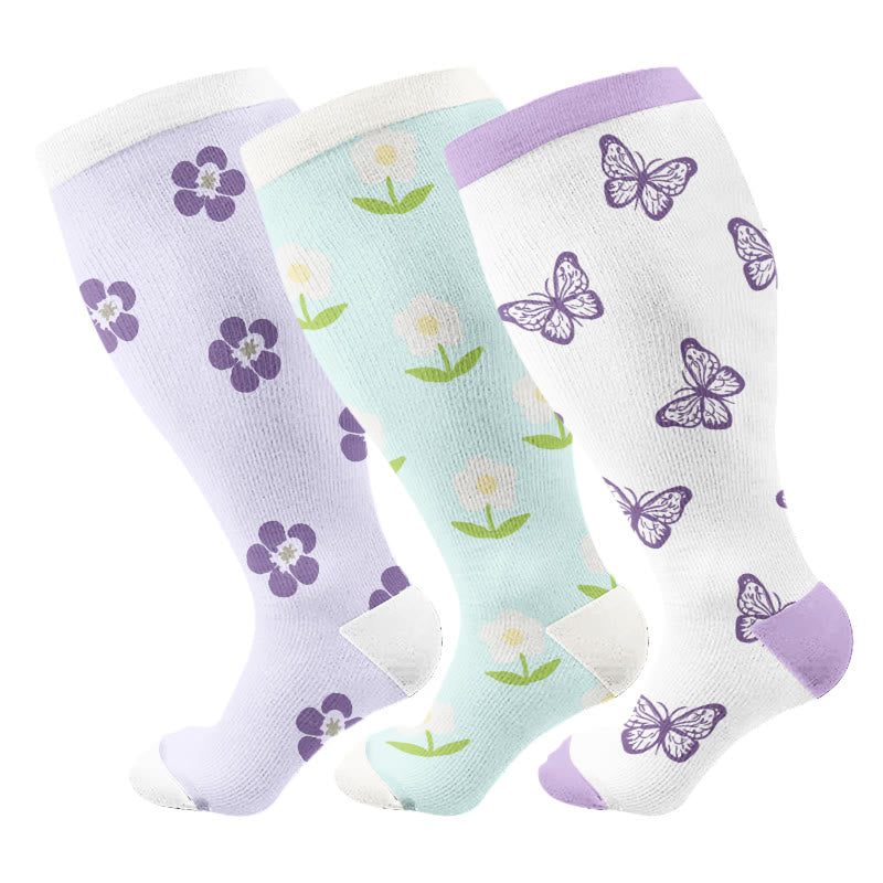 Plusock Plus Size Soft Bloom Floral Compression Socks(3 Pairs) - Multicolor - 4XL - image 1