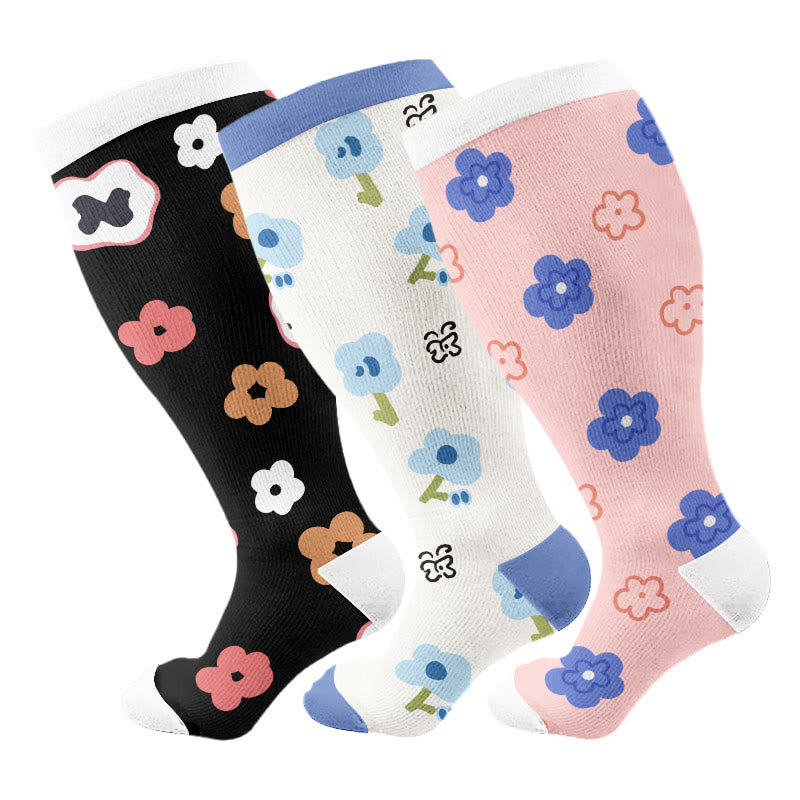 Plusock Plus Size Playful Floral Compression Socks(3 Pairs) - Multicolor - 4XL - image 1