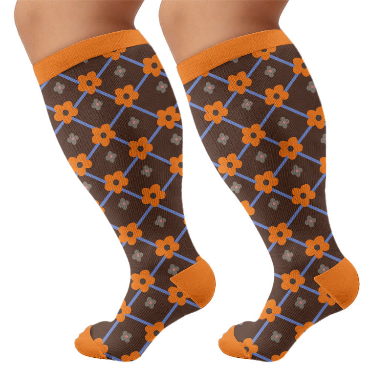 Plusock Plus Size Warm Floral Compression Socks(3 Pairs) - Orange(1 Pair) - 4XL - image 6