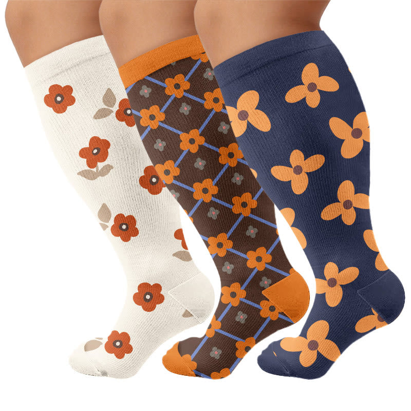 Plusock Plus Size Warm Floral Compression Socks(3 Pairs) - Multicolor - 4XL - image 1