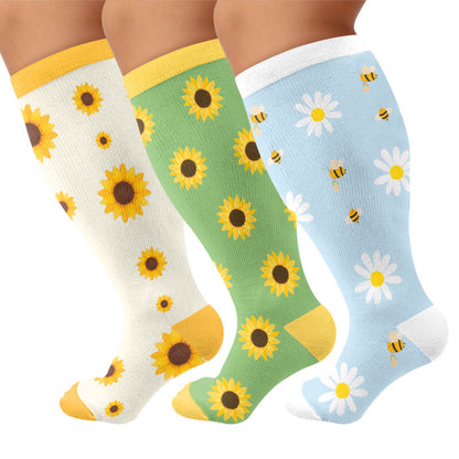Plusock Plus Size Sunflower Compression Socks(3 Pairs) - Multicolor - 4XL - image 1