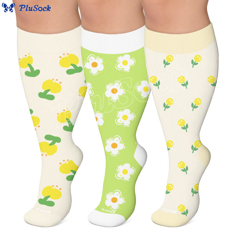 Plusock Plus Size Simple Floral Compression Socks(3 Pairs) - image 0