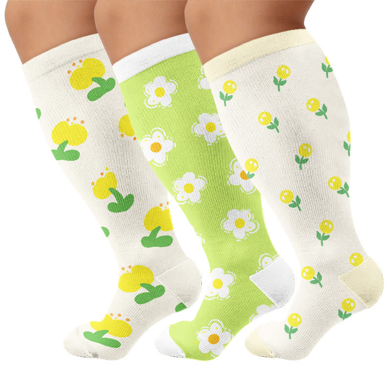 Plusock Plus Size Simple Floral Compression Socks(3 Pairs) - Multicolor - 4XL - image 1