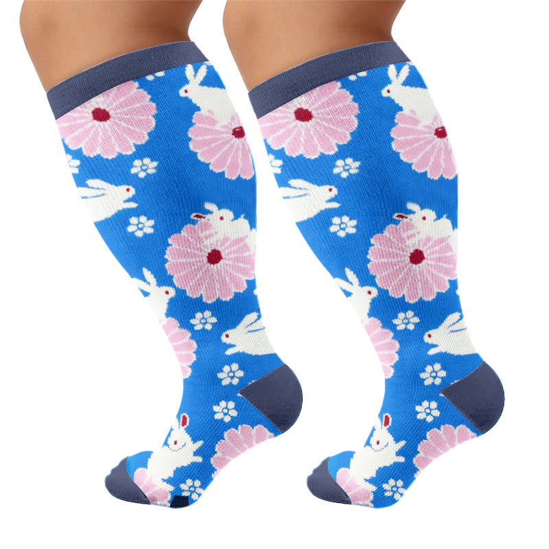 Plusock Plus Size Floral Bunny Compression Socks - Blue(1 Pair) - 4XL - image 4