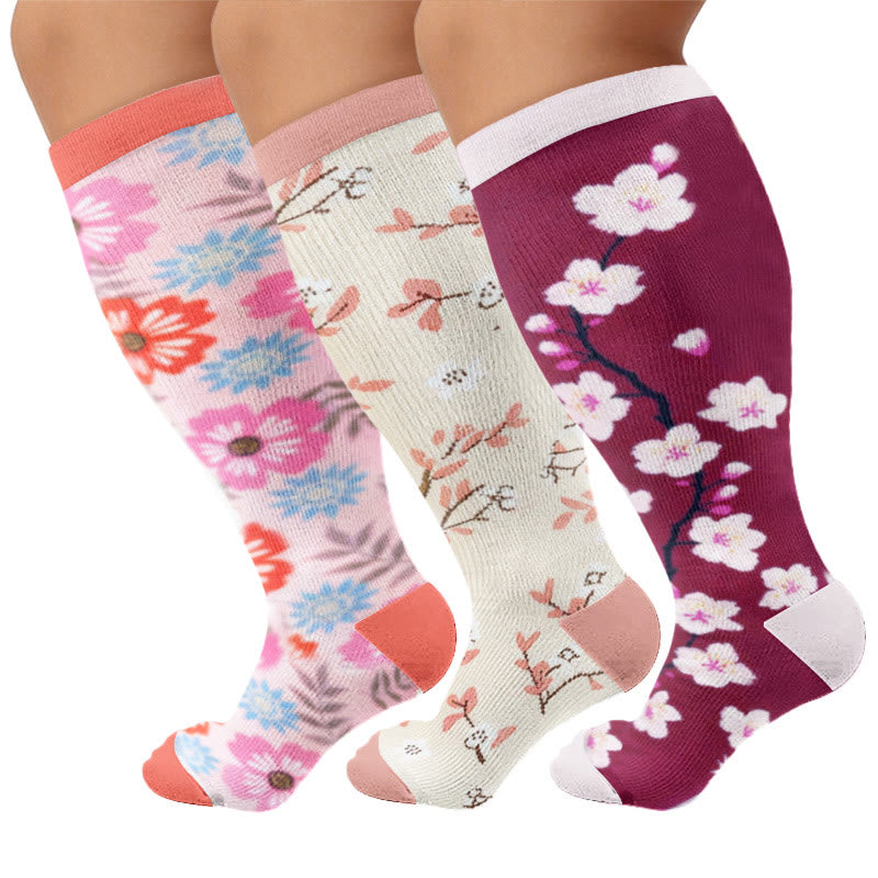 Plusock Plus Size Muted Blossom Compression Socks - Multicolor A(3 Pairs) - 4XL - image 2