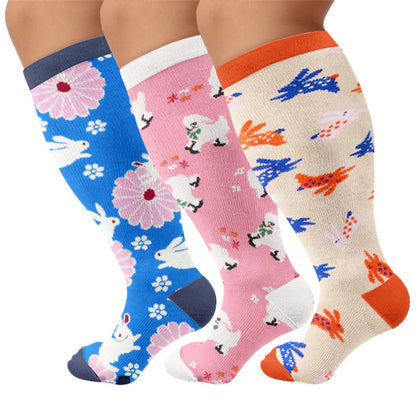 Plusock Plus Size Floral Bunny Compression Socks - Multicolor(3 Pairs) - 4XL - image 1