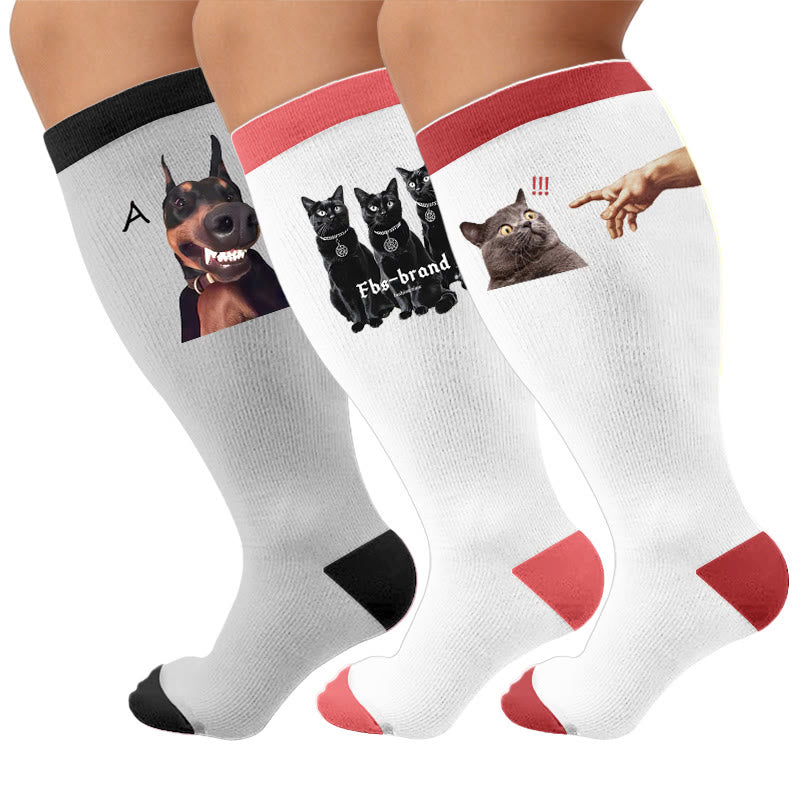 Plusock Plus Size Cat Dog Compression Socks - Multicolor(3 Pairs) - 4XL - image 1