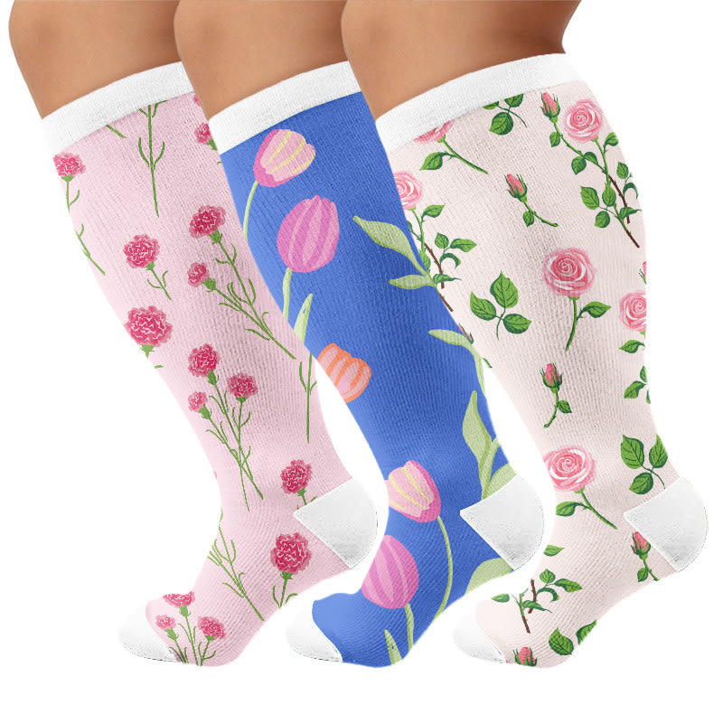 Plusock Plus Size Carnations Roses Compression Socks - Multicolor(3 Pairs) - 4XL - image 1