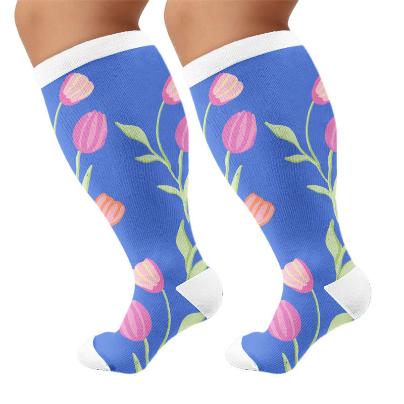 Plusock Plus Size Carnations Roses Compression Socks - Blue(1 Pair) - 4XL - image 5