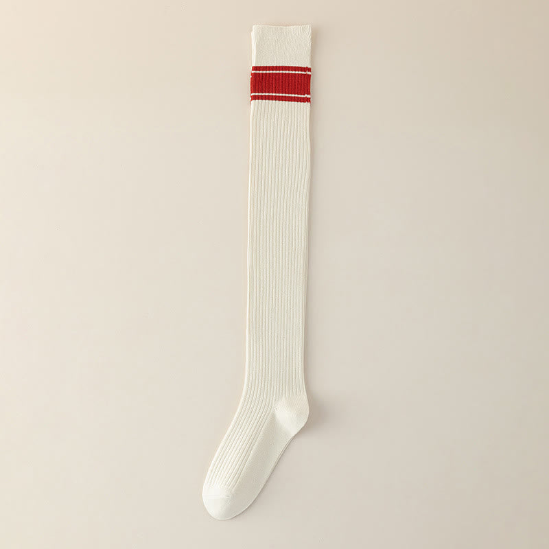 Plusock Classic Double Stripe Thigh High Socks(2 Pairs) - Beige - EU36-40(US3-7) - image 14