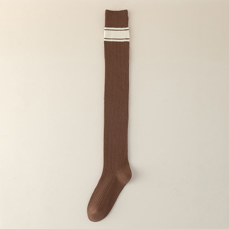 Plusock Classic Double Stripe Thigh High Socks(2 Pairs) - Coffee - EU36-40(US3-7) - image 12