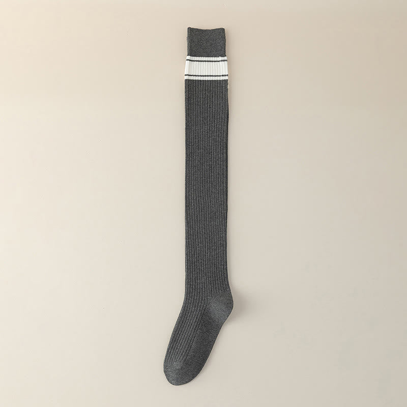Plusock Classic Double Stripe Thigh High Socks(2 Pairs) - Grey - EU36-40(US3-7) - image 9