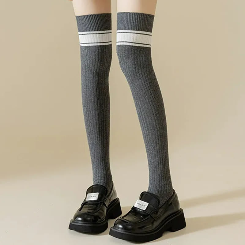 Plusock Classic Double Stripe Thigh High Socks(2 Pairs) - image 3