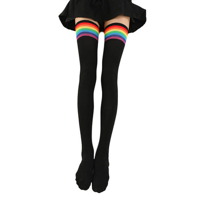 Plusock Rainbow Stripes Thigh High Socks(2 Pairs) - Black - One Size - image 1