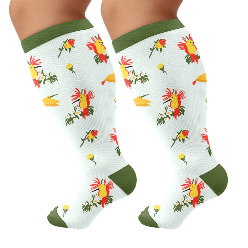 Plusock Plus Size Delicate Bird Floral Compression Socks - Green(1 Pair) - 4XL - image 7