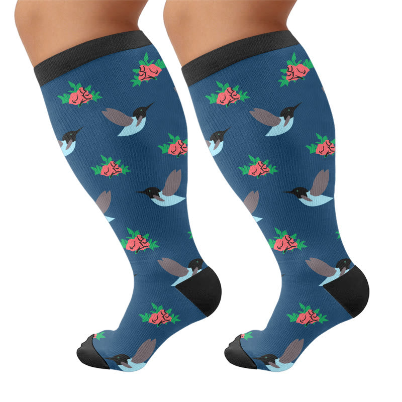 Plusock Plus Size Delicate Bird Floral Compression Socks - Navy Blue(1 Pair) - 4XL - image 6