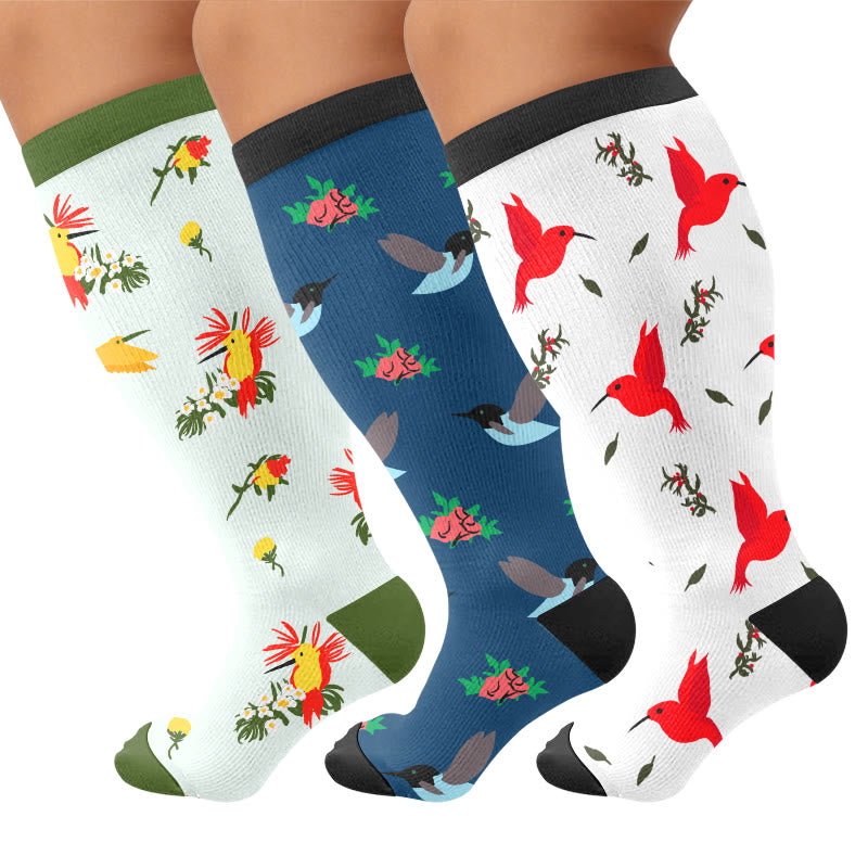Plusock Plus Size Delicate Bird Floral Compression Socks - Multicolor(3 Pairs) - 4XL - image 1