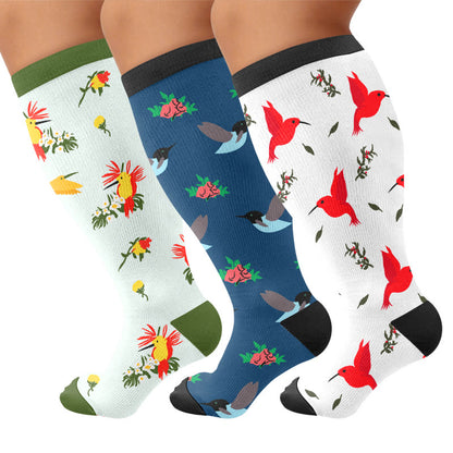 Plusock Plus Size Delicate Bird Floral Compression Socks - Multicolor(3 Pairs) - 4XL - image 1
